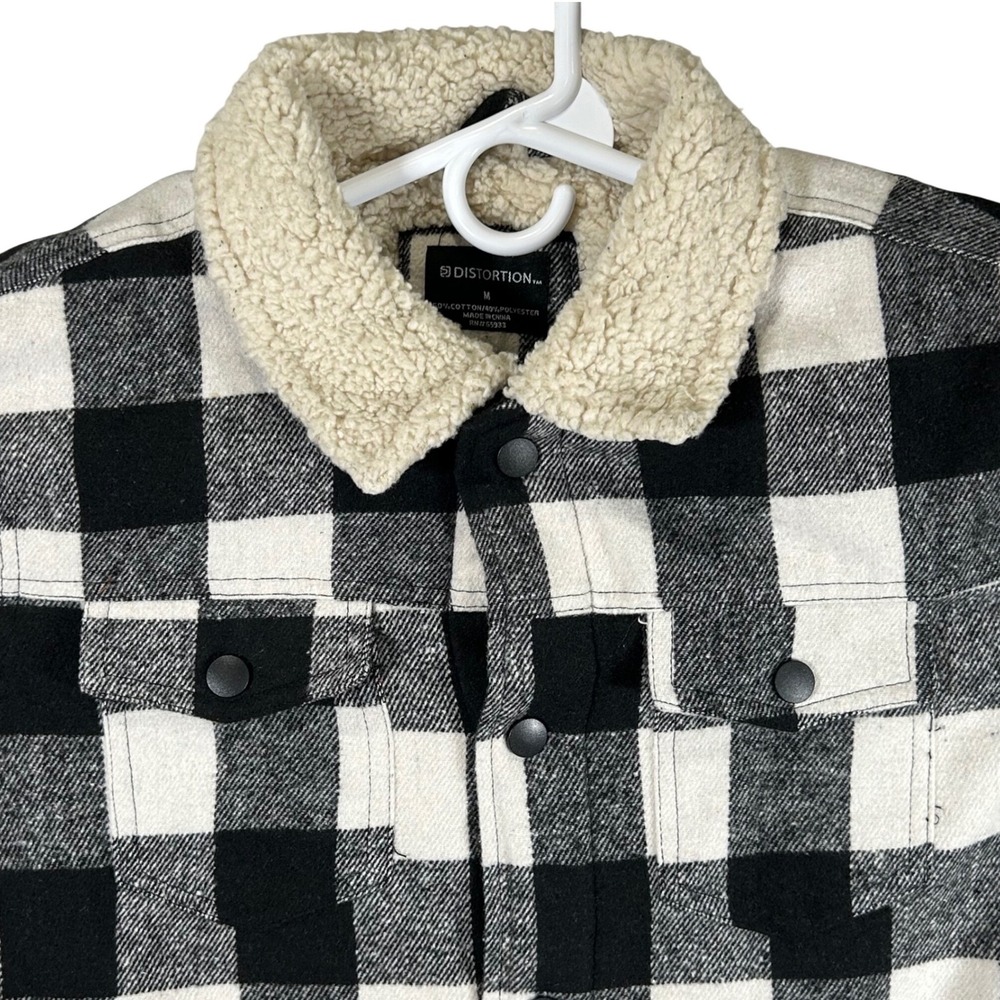 Distortion Mens Buffalo Plaid Sherpa Collar Trucker Black White Size M New